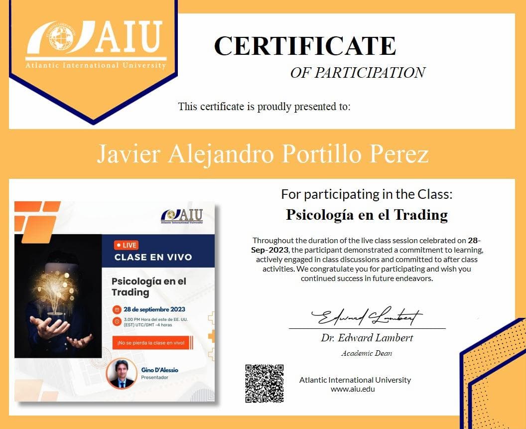 Certificado de participación de Atlantic International University: Psicología en el Trading — Javier Alejandro Portillo Perez